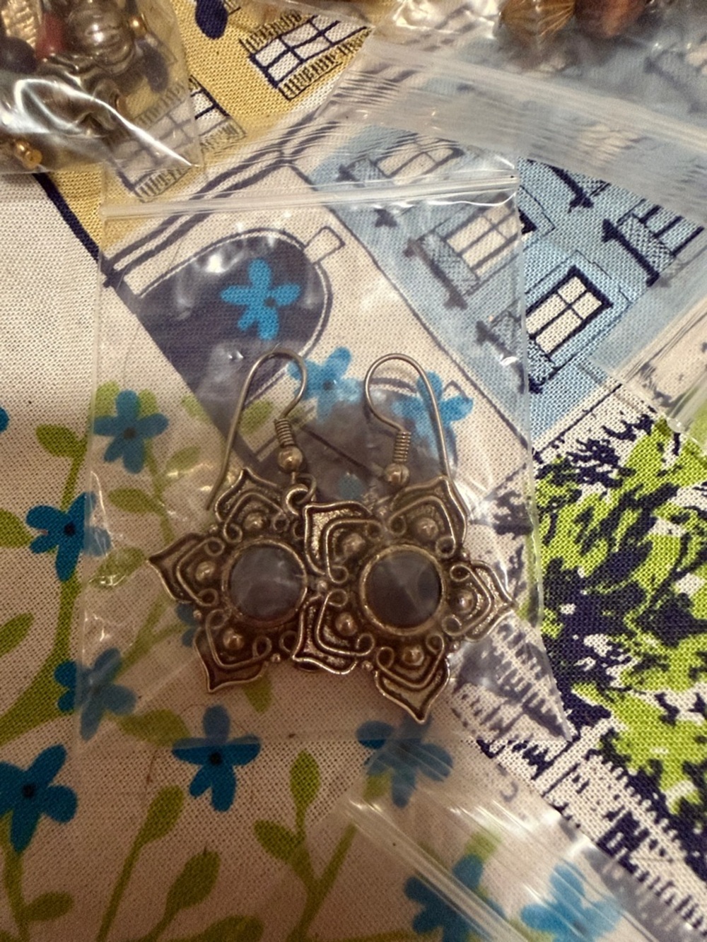 Boho Silver-Tone Flower Drop Earrings with Gray Stones